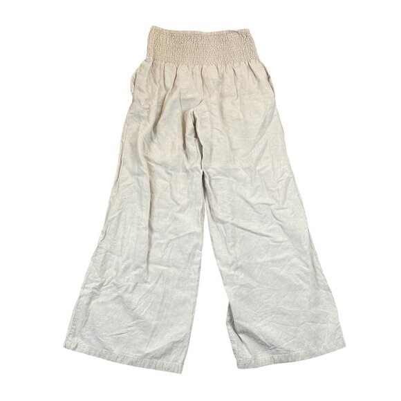ChouYatou Womens Palazzo Pants Medium Beige Linen Blend Smocked Hi-Rise Wide Leg - Picture 1 of 11